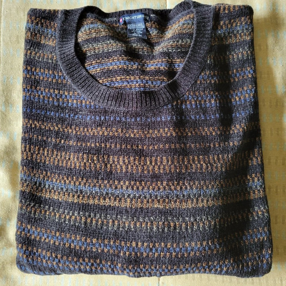 Knightsbridge Men’s Pullover Crew Neck Sweater – XL, Black/Brown/Blue Striped